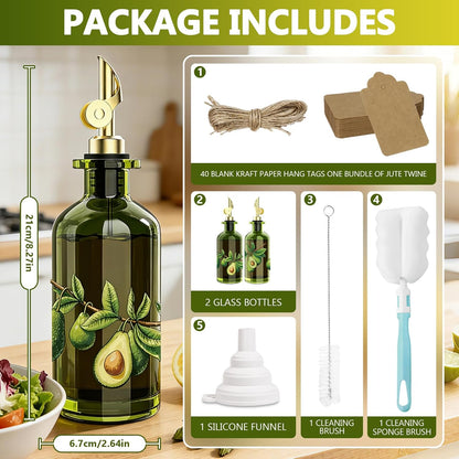 Olive Oil Dispenser Bottle for Kitchen, 12oz/350ml Extra Thick Glass Oil and Vinegar Cruet with Stainless Steel Pourer, Funnel & Cleaning Brush, Premium Oil Dispenser Set (Avocado)
