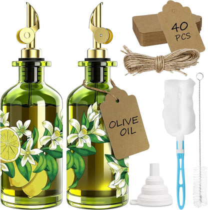 Olive Oil Dispenser Bottle for Kitchen, 12oz/350ml Extra Thick Glass Oil and Vinegar Cruet with Stainless Steel Pourer, Funnel & Cleaning Brush, Premium Oil Dispenser Set (Avocado)