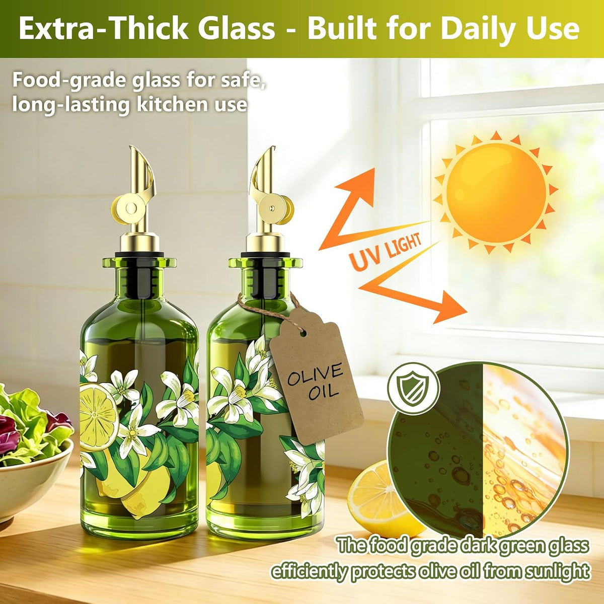 Olive Oil Dispenser Bottle for Kitchen, 12oz/350ml Extra Thick Glass Oil and Vinegar Cruet with Stainless Steel Pourer, Funnel & Cleaning Brush, Premium Oil Dispenser Set (Avocado)