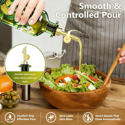 Olive Oil Dispenser Bottle for Kitchen, 12oz/350ml Extra Thick Glass Oil and Vinegar Cruet with Stainless Steel Pourer, Funnel & Cleaning Brush, Premium Oil Dispenser Set (Avocado)
