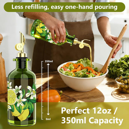 Olive Oil Dispenser Bottle for Kitchen, 12oz/350ml Extra Thick Glass Oil and Vinegar Cruet with Stainless Steel Pourer, Funnel & Cleaning Brush, Premium Oil Dispenser Set (Avocado)