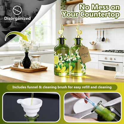 Olive Oil Dispenser Bottle for Kitchen, 12oz/350ml Extra Thick Glass Oil and Vinegar Cruet with Stainless Steel Pourer, Funnel & Cleaning Brush, Premium Oil Dispenser Set (Avocado)