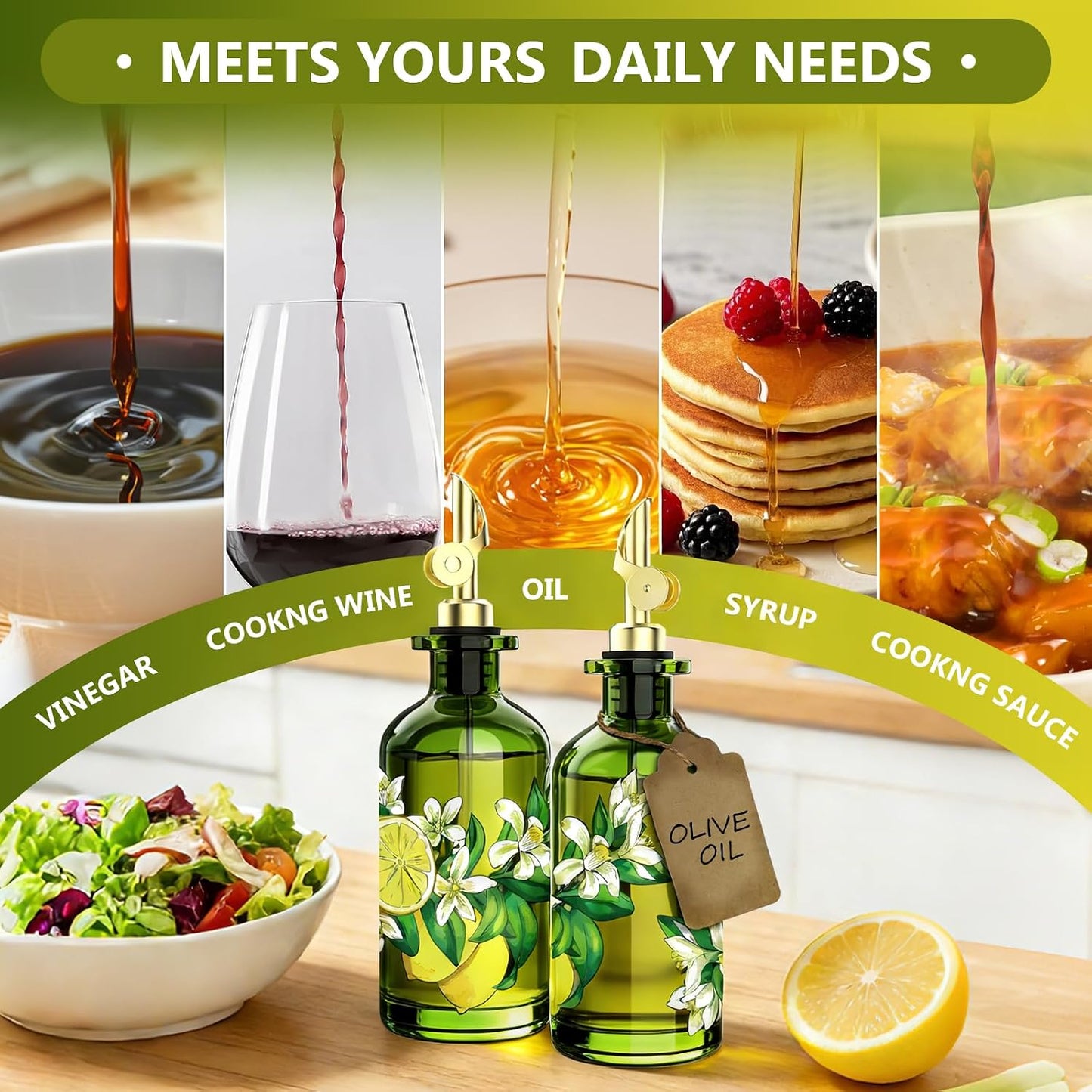 Olive Oil Dispenser Bottle for Kitchen, 12oz/350ml Extra Thick Glass Oil and Vinegar Cruet with Stainless Steel Pourer, Funnel & Cleaning Brush, Premium Oil Dispenser Set (Avocado)