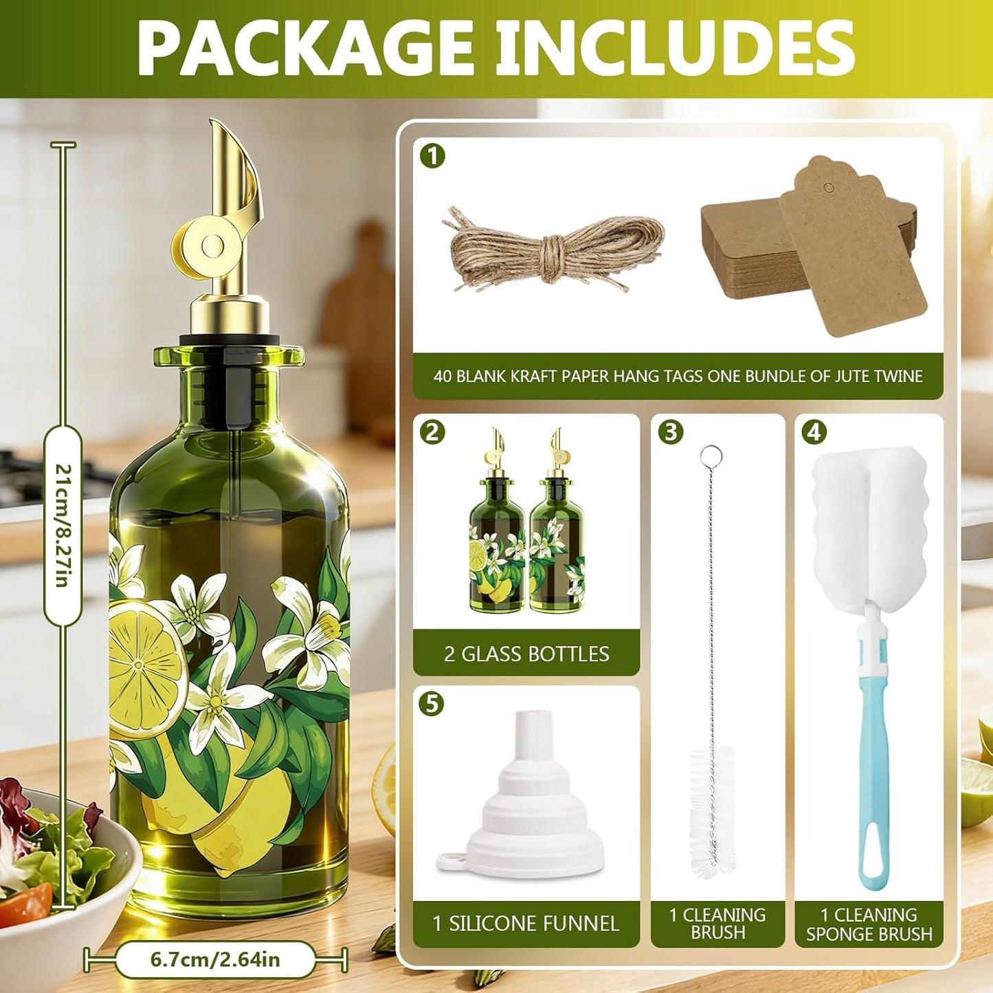 Olive Oil Dispenser Bottle for Kitchen, 12oz/350ml Extra Thick Glass Oil and Vinegar Cruet with Stainless Steel Pourer, Funnel & Cleaning Brush, Premium Oil Dispenser Set (Avocado)