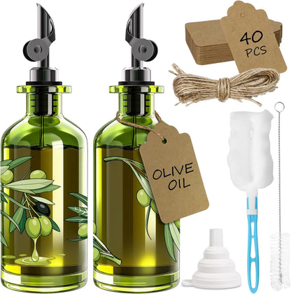 Olive Oil Dispenser Bottle for Kitchen, 12oz/350ml Extra Thick Glass Oil and Vinegar Cruet with Stainless Steel Pourer, Funnel & Cleaning Brush, Premium Oil Dispenser Set (Avocado)