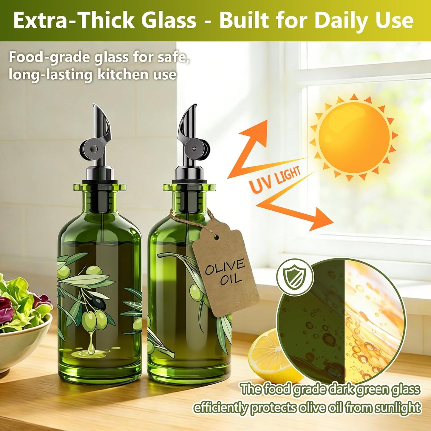 Olive Oil Dispenser Bottle for Kitchen, 12oz/350ml Extra Thick Glass Oil and Vinegar Cruet with Stainless Steel Pourer, Funnel & Cleaning Brush, Premium Oil Dispenser Set (Avocado)