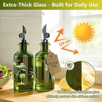 Olive Oil Dispenser Bottle for Kitchen, 12oz/350ml Extra Thick Glass Oil and Vinegar Cruet with Stainless Steel Pourer, Funnel & Cleaning Brush, Premium Oil Dispenser Set (Avocado)