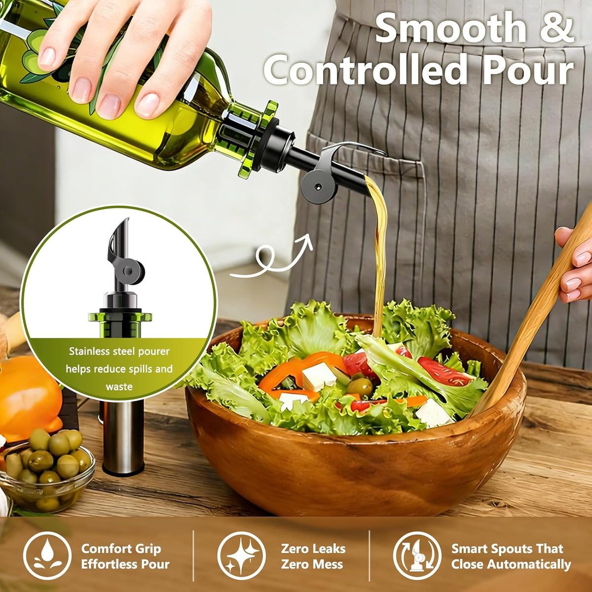 Olive Oil Dispenser Bottle for Kitchen, 12oz/350ml Extra Thick Glass Oil and Vinegar Cruet with Stainless Steel Pourer, Funnel & Cleaning Brush, Premium Oil Dispenser Set (Avocado)