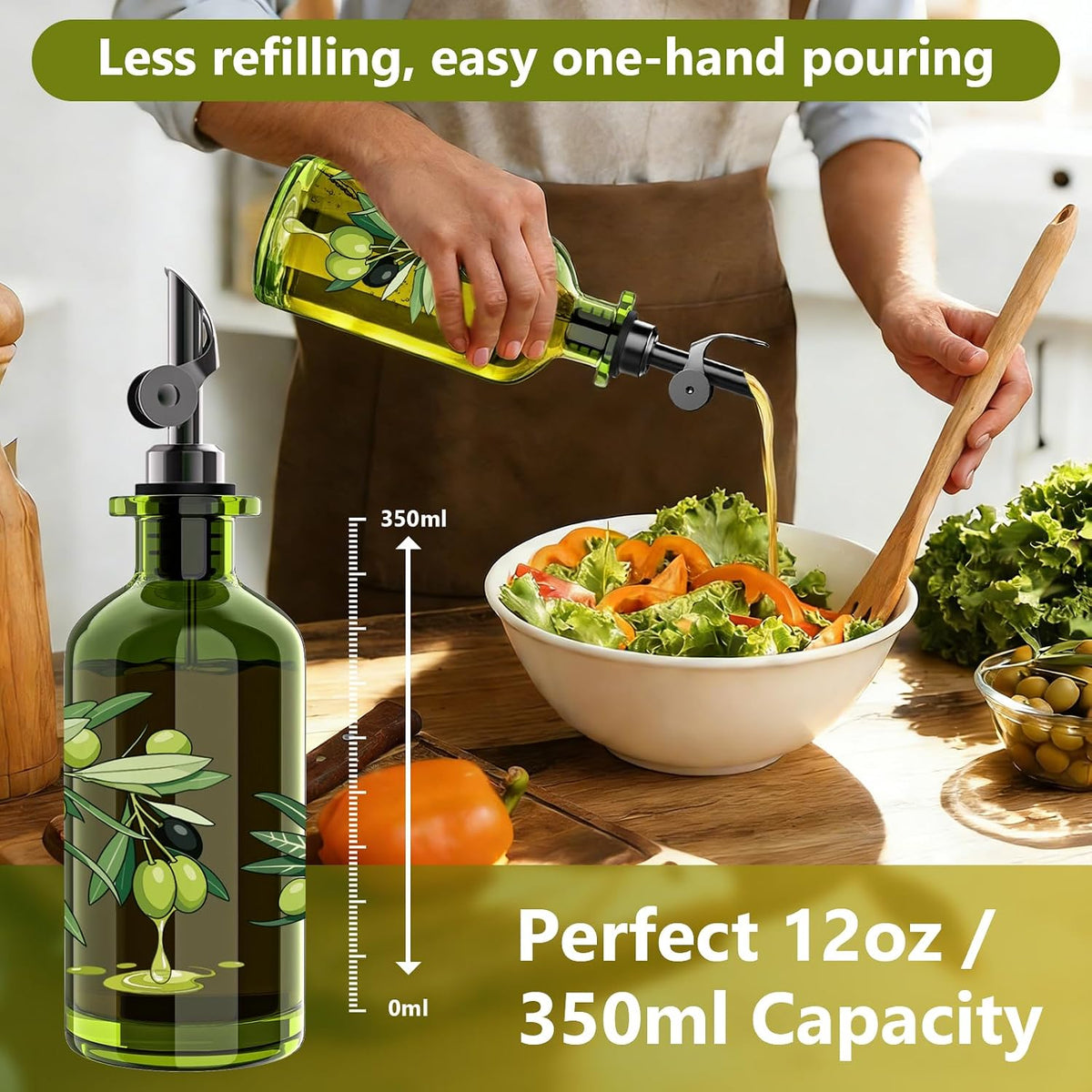 Olive Oil Dispenser Bottle for Kitchen, 12oz/350ml Extra Thick Glass Oil and Vinegar Cruet with Stainless Steel Pourer, Funnel & Cleaning Brush, Premium Oil Dispenser Set (Avocado)