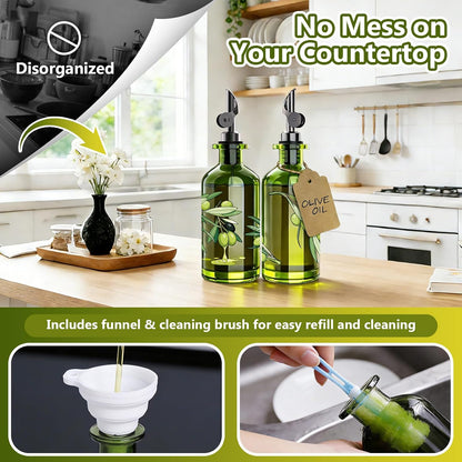 Olive Oil Dispenser Bottle for Kitchen, 12oz/350ml Extra Thick Glass Oil and Vinegar Cruet with Stainless Steel Pourer, Funnel & Cleaning Brush, Premium Oil Dispenser Set (Avocado)