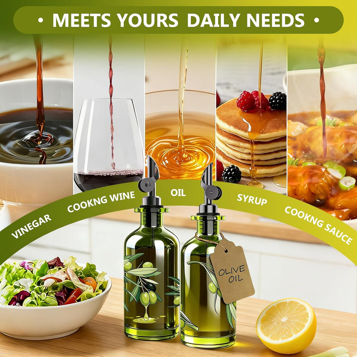 Olive Oil Dispenser Bottle for Kitchen, 12oz/350ml Extra Thick Glass Oil and Vinegar Cruet with Stainless Steel Pourer, Funnel & Cleaning Brush, Premium Oil Dispenser Set (Avocado)