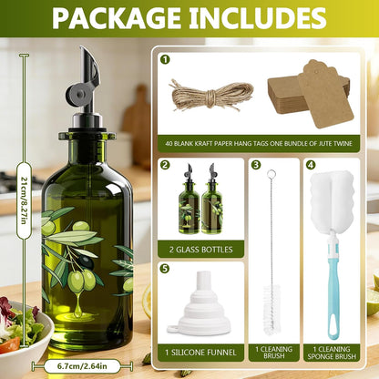 Olive Oil Dispenser Bottle for Kitchen, 12oz/350ml Extra Thick Glass Oil and Vinegar Cruet with Stainless Steel Pourer, Funnel & Cleaning Brush, Premium Oil Dispenser Set (Avocado)