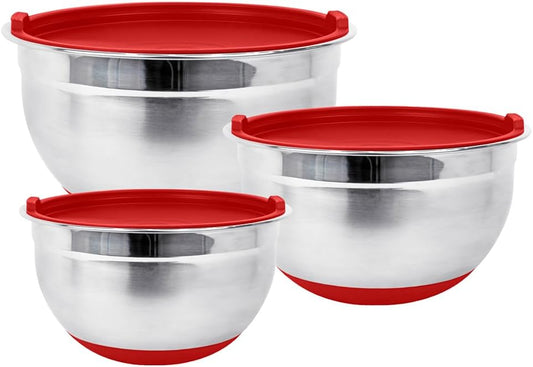 Stainless Steel Mixing Bowls with Lids and Non Slip Bases (Set of 3, Red)