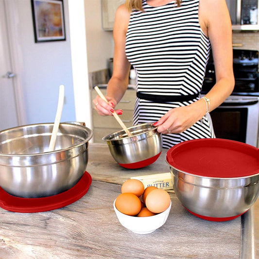 Stainless Steel Mixing Bowls with Lids and Non Slip Bases (Set of 3, Red)