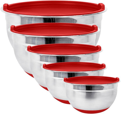 Stainless Steel Mixing Bowls with Lids and Non Slip Bases (Set of 3, Red)