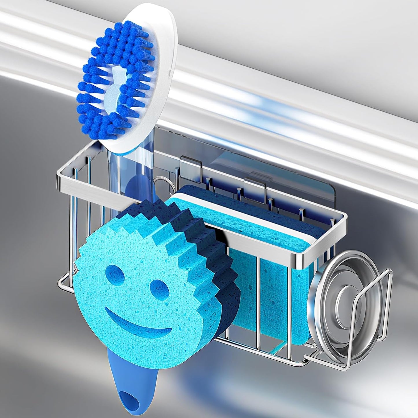 Sponge Holder for Kitchen Sink,Sink Caddy Smiley Face,4-in-1 Sponge Holder with Suction Cups & 1 PCS Adhesive Strips for Holding Soap,Brush,Scrubber,Sponge,Stopper-Black