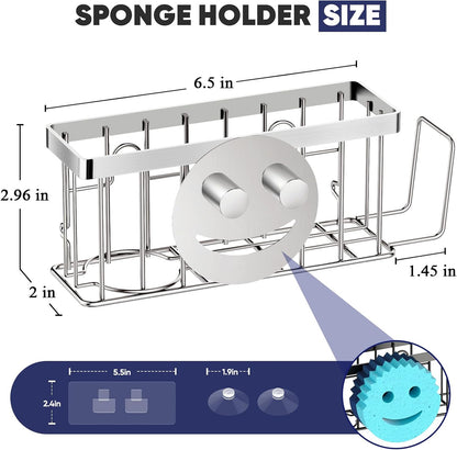 Sponge Holder for Kitchen Sink,Sink Caddy Smiley Face,4-in-1 Sponge Holder with Suction Cups & 1 PCS Adhesive Strips for Holding Soap,Brush,Scrubber,Sponge,Stopper-Black