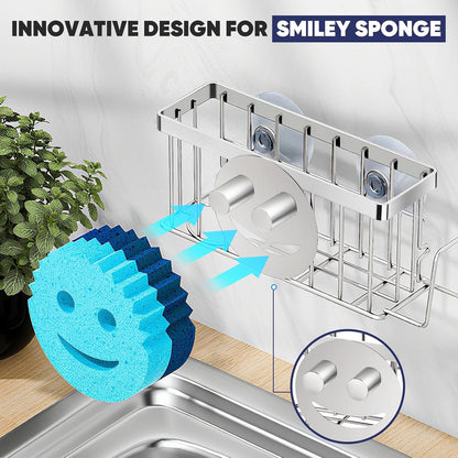 Sponge Holder for Kitchen Sink,Sink Caddy Smiley Face,4-in-1 Sponge Holder with Suction Cups & 1 PCS Adhesive Strips for Holding Soap,Brush,Scrubber,Sponge,Stopper-Black