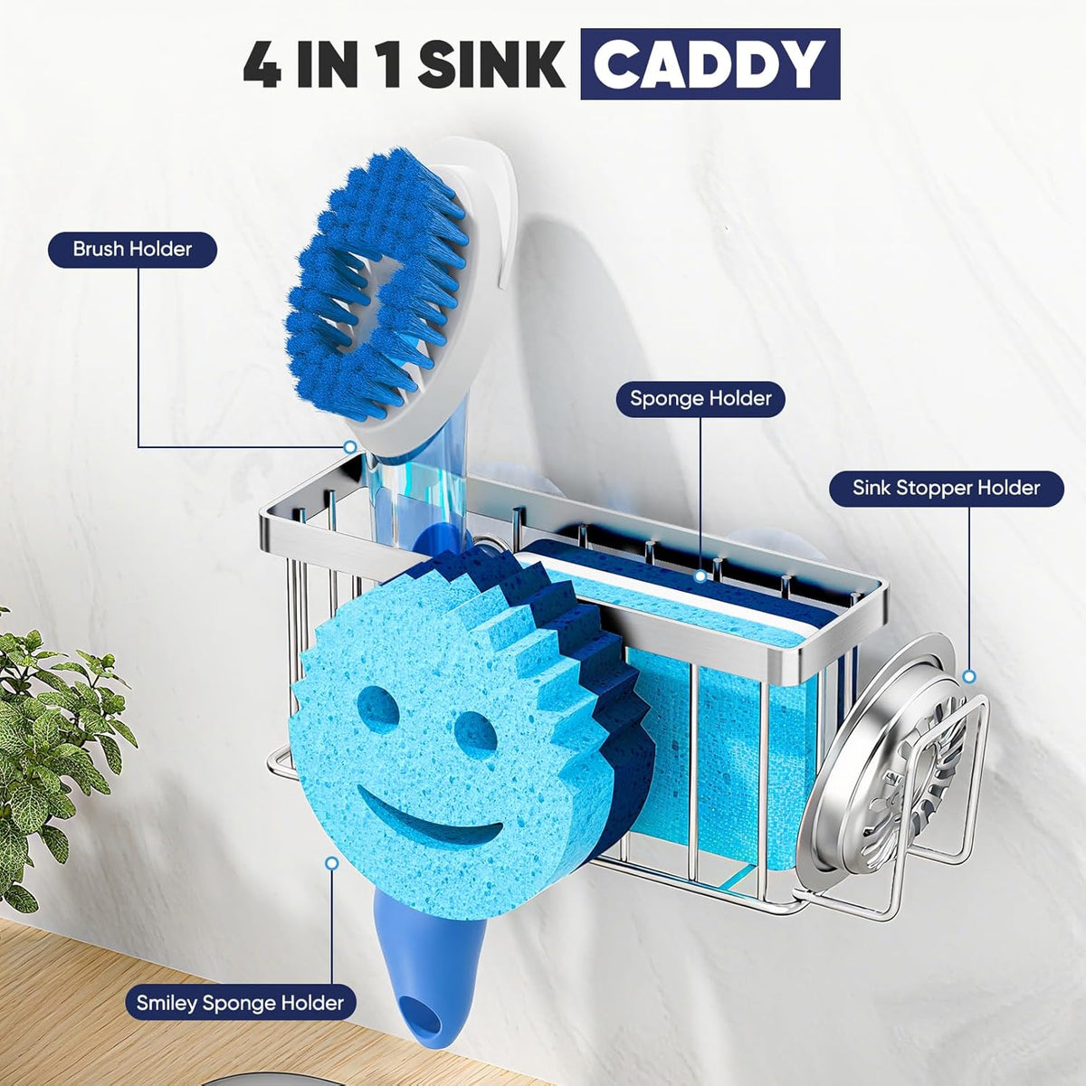 Sponge Holder for Kitchen Sink,Sink Caddy Smiley Face,4-in-1 Sponge Holder with Suction Cups & 1 PCS Adhesive Strips for Holding Soap,Brush,Scrubber,Sponge,Stopper-Black