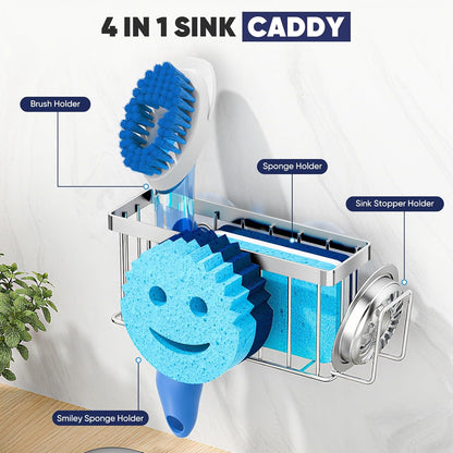 Sponge Holder for Kitchen Sink,Sink Caddy Smiley Face,4-in-1 Sponge Holder with Suction Cups & 1 PCS Adhesive Strips for Holding Soap,Brush,Scrubber,Sponge,Stopper-Black