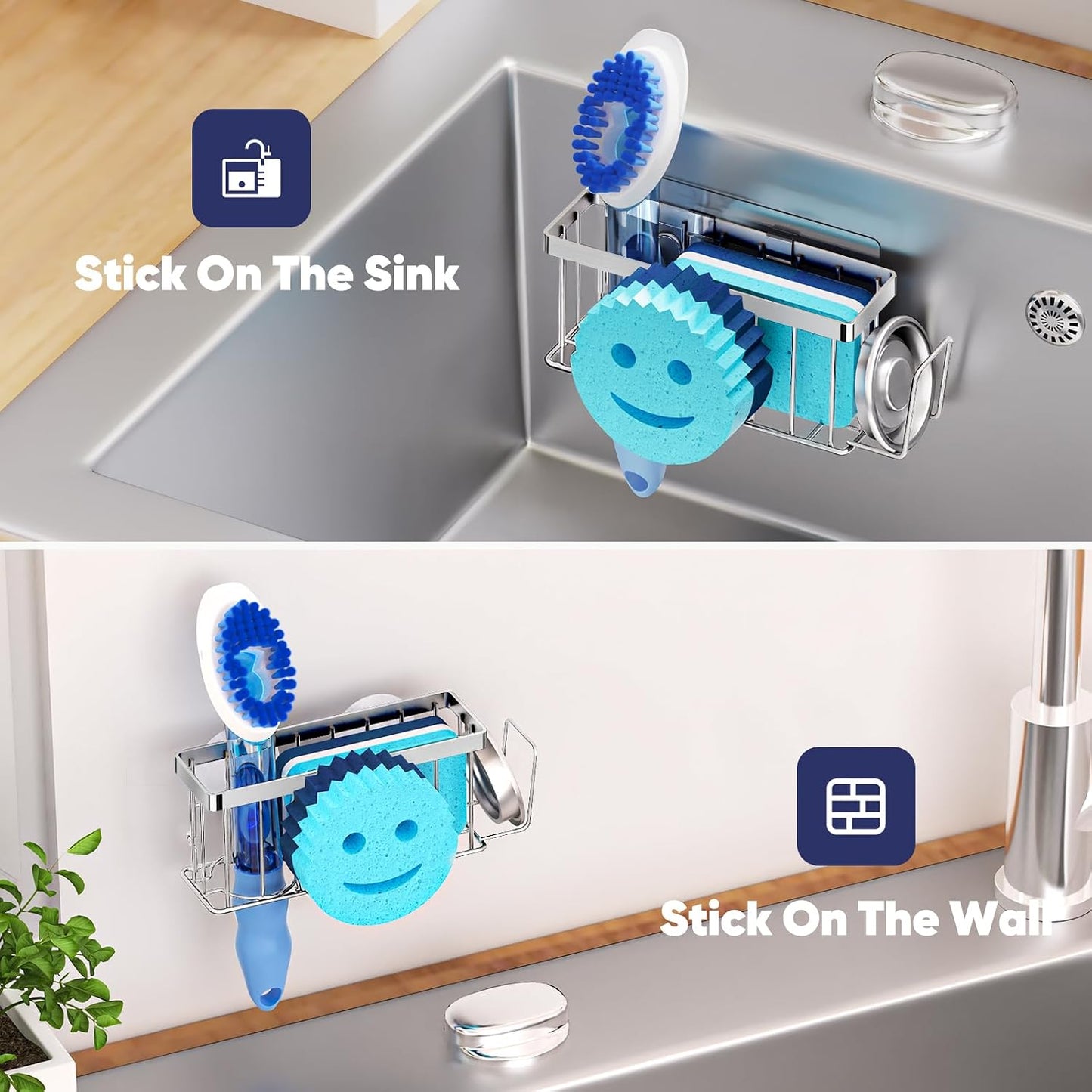 Sponge Holder for Kitchen Sink,Sink Caddy Smiley Face,4-in-1 Sponge Holder with Suction Cups & 1 PCS Adhesive Strips for Holding Soap,Brush,Scrubber,Sponge,Stopper-Black