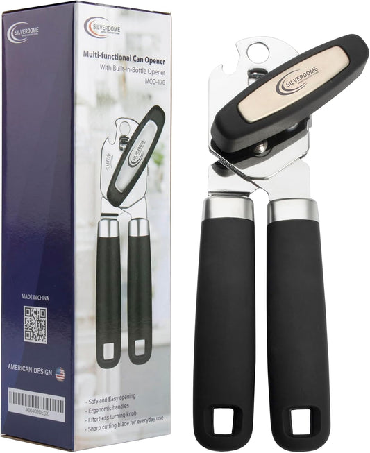 Heavy Duty Stainless Steel Manual Can Opener with Bottle Opener Function- Rust Proof and with Soft Grip Handle, razor sharp, smooth and easy cutting