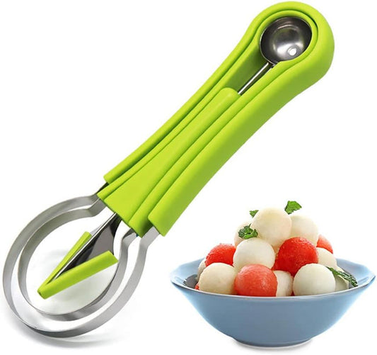 Melon Baller Scoop Set, Professional 4 In 1 Stainless Steel Watermelon Cutter Fruit Carving Tools Set, Fruit Scooper Seed Remover Watermelon Knife for Vegetable, Salad, Ice Cream (Green)