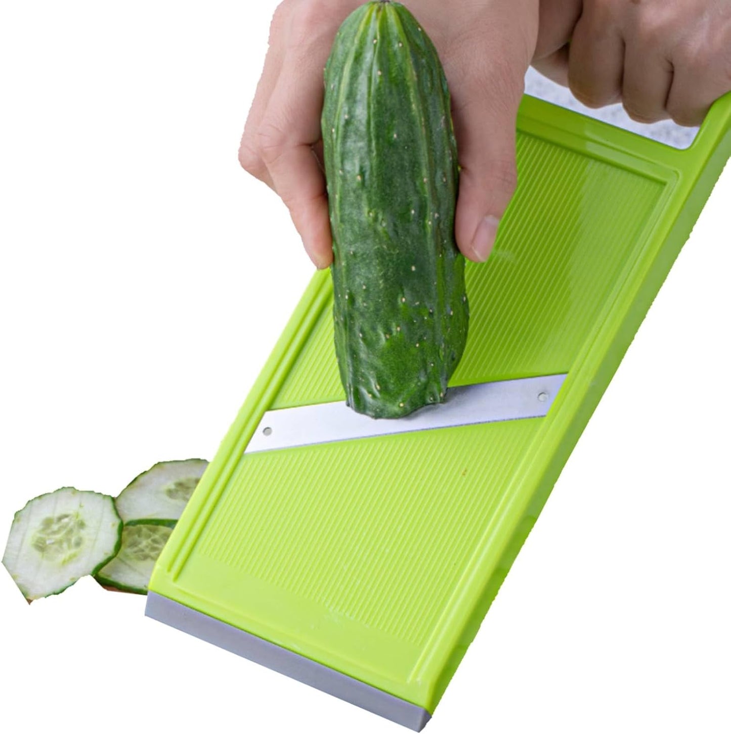 Handheld Potato Slicer & French Fry Cutter, Stainless Steel Manual Vegetable Slicer for Chips Homemade Fries Carrots Zucchini Easy Grip Green Slicer Chip Maker (4.25x10.8in)