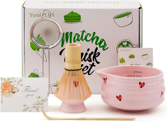 5pcs Premium Matcha Set,Ceramic Bowl with Spout and Bamboo Whisk set, Ceremonical Matcha Kit for breakfast/latte,Tea Starter Making Kit,Unique Matcha Gift set (pink love)