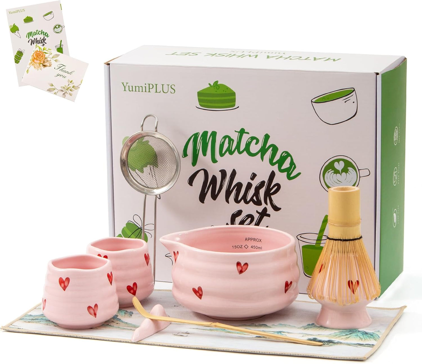 5pcs Premium Matcha Set,Ceramic Bowl with Spout and Bamboo Whisk set, Ceremonical Matcha Kit for breakfast/latte,Tea Starter Making Kit,Unique Matcha Gift set (pink love)