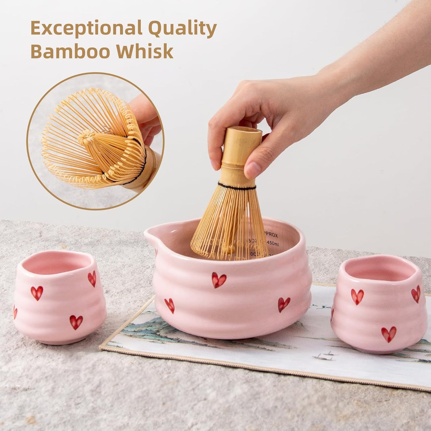 5pcs Premium Matcha Set,Ceramic Bowl with Spout and Bamboo Whisk set, Ceremonical Matcha Kit for breakfast/latte,Tea Starter Making Kit,Unique Matcha Gift set (pink love)