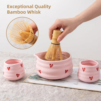 5pcs Premium Matcha Set,Ceramic Bowl with Spout and Bamboo Whisk set, Ceremonical Matcha Kit for breakfast/latte,Tea Starter Making Kit,Unique Matcha Gift set (pink love)