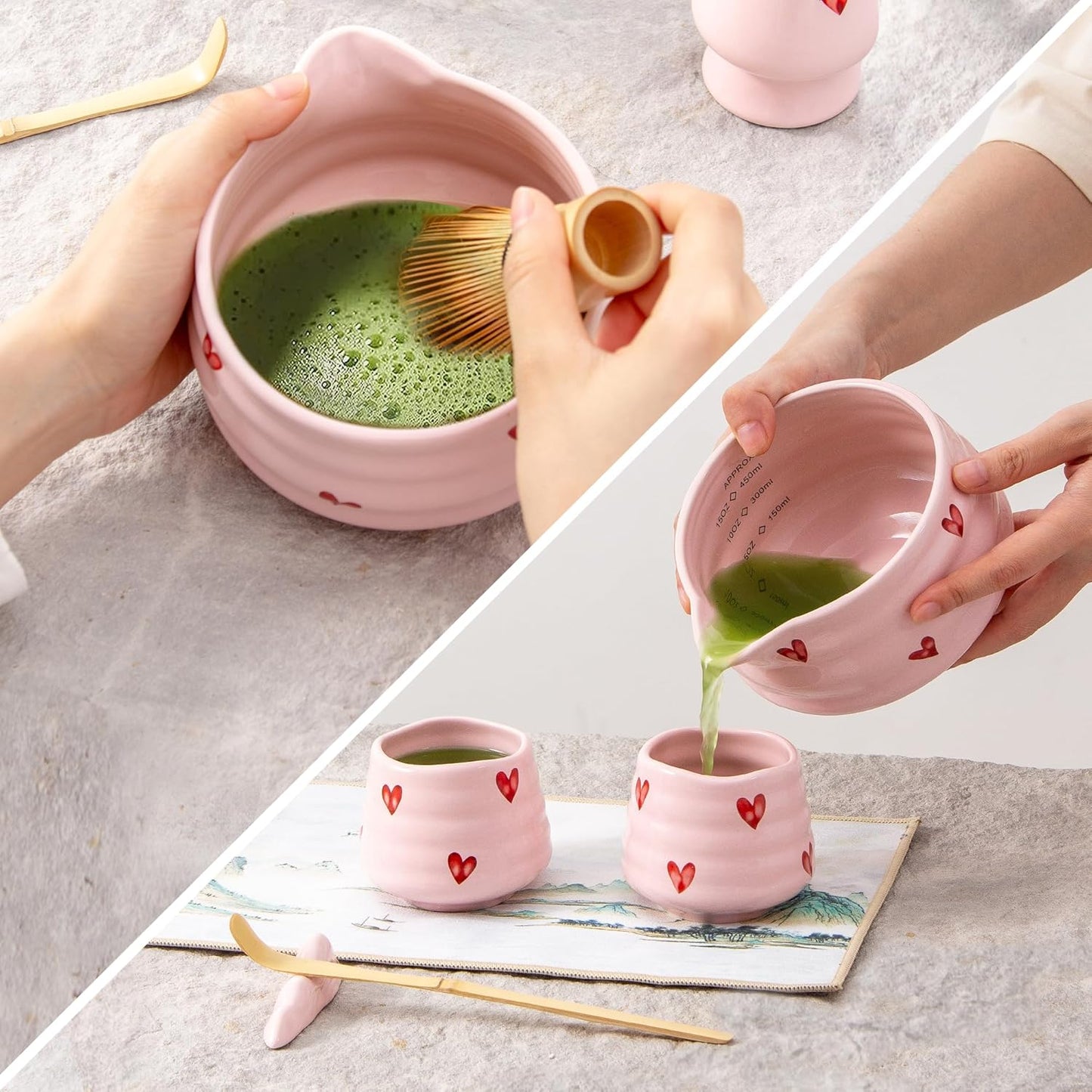 5pcs Premium Matcha Set,Ceramic Bowl with Spout and Bamboo Whisk set, Ceremonical Matcha Kit for breakfast/latte,Tea Starter Making Kit,Unique Matcha Gift set (pink love)