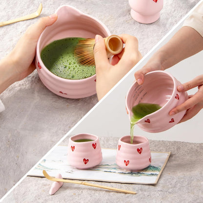 5pcs Premium Matcha Set,Ceramic Bowl with Spout and Bamboo Whisk set, Ceremonical Matcha Kit for breakfast/latte,Tea Starter Making Kit,Unique Matcha Gift set (pink love)