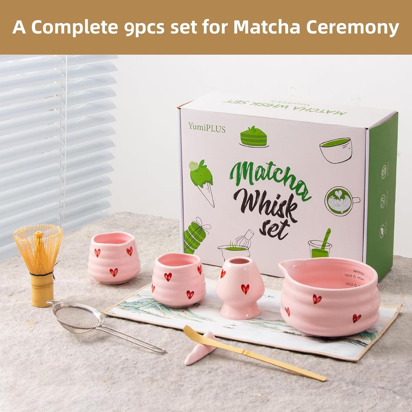 5pcs Premium Matcha Set,Ceramic Bowl with Spout and Bamboo Whisk set, Ceremonical Matcha Kit for breakfast/latte,Tea Starter Making Kit,Unique Matcha Gift set (pink love)