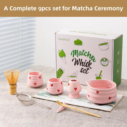 5pcs Premium Matcha Set,Ceramic Bowl with Spout and Bamboo Whisk set, Ceremonical Matcha Kit for breakfast/latte,Tea Starter Making Kit,Unique Matcha Gift set (pink love)
