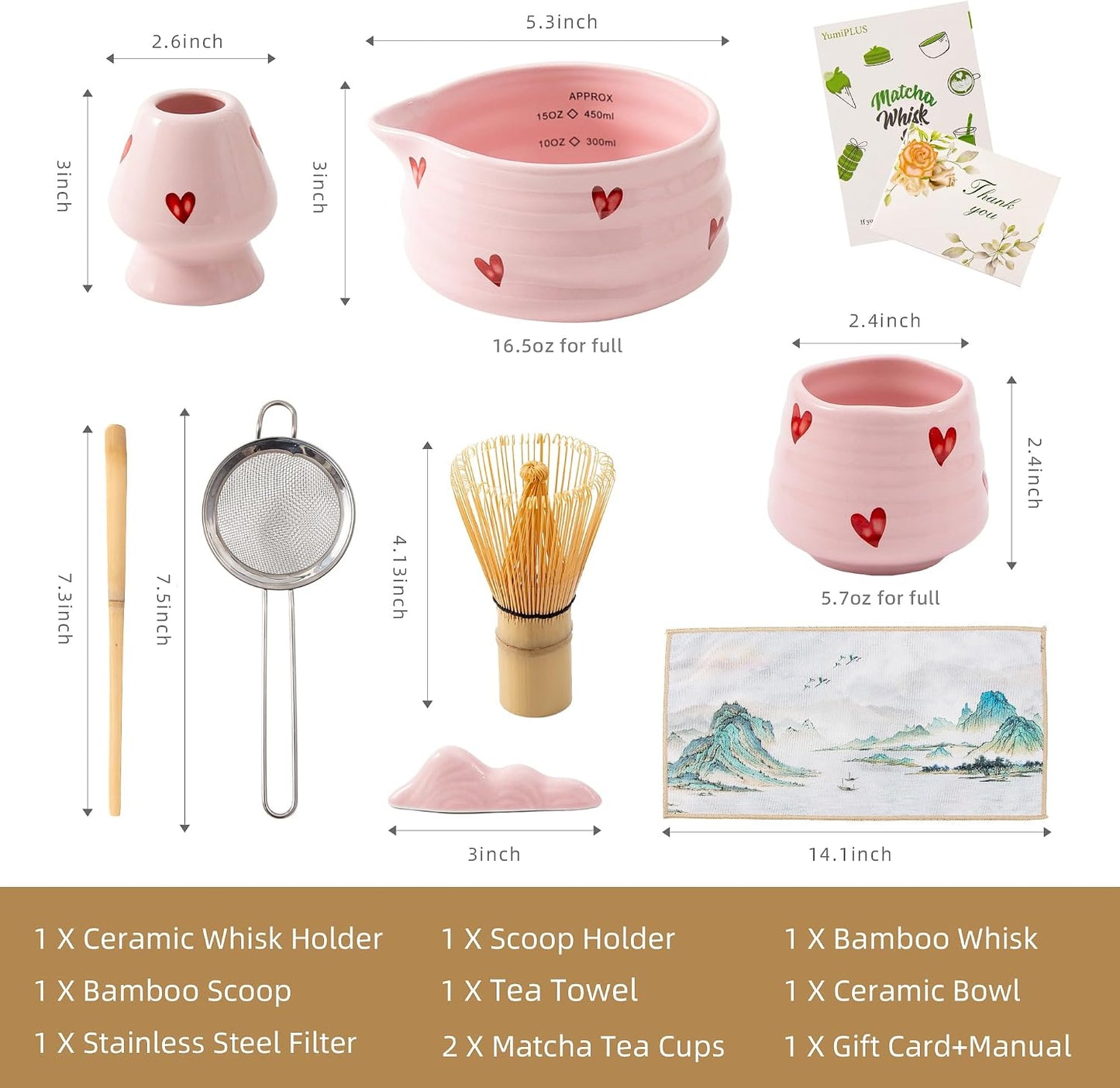 5pcs Premium Matcha Set,Ceramic Bowl with Spout and Bamboo Whisk set, Ceremonical Matcha Kit for breakfast/latte,Tea Starter Making Kit,Unique Matcha Gift set (pink love)