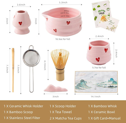 5pcs Premium Matcha Set,Ceramic Bowl with Spout and Bamboo Whisk set, Ceremonical Matcha Kit for breakfast/latte,Tea Starter Making Kit,Unique Matcha Gift set (pink love)