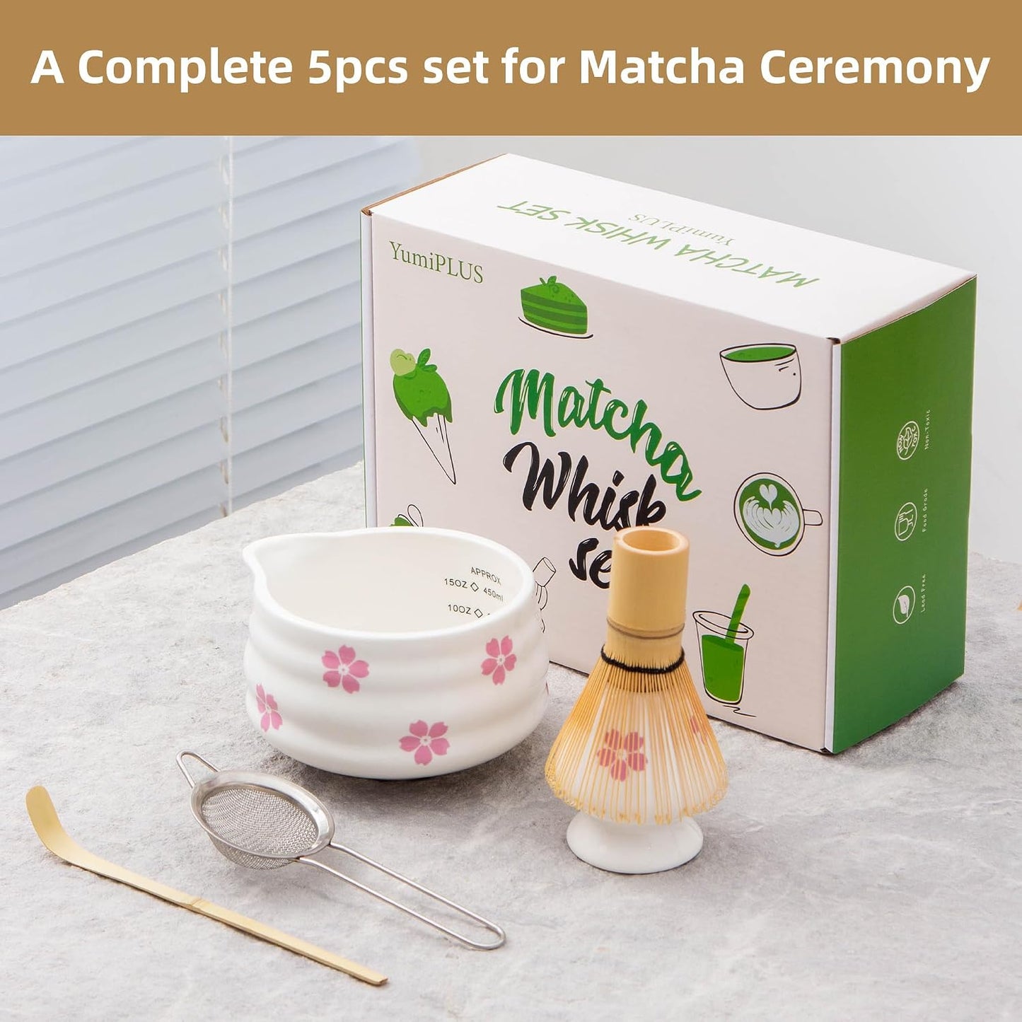 5pcs Premium Matcha Set,Ceramic Bowl with Spout and Bamboo Whisk set, Ceremonical Matcha Kit for breakfast/latte,Tea Starter Making Kit,Unique Matcha Gift set (pink love)