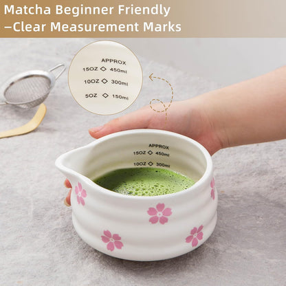 5pcs Premium Matcha Set,Ceramic Bowl with Spout and Bamboo Whisk set, Ceremonical Matcha Kit for breakfast/latte,Tea Starter Making Kit,Unique Matcha Gift set (pink love)