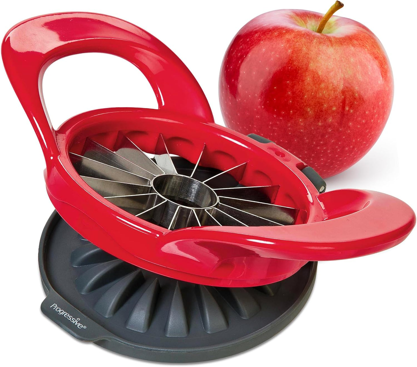PrepWorks Apple Slicer and Corer, Attached Safety Cover, Cuts 16 Thin Apple Slices, Red | Quickly Slices and Cores Apples Into 16 Even Slices, Stainless Steel Blades, Dishwasher Safe