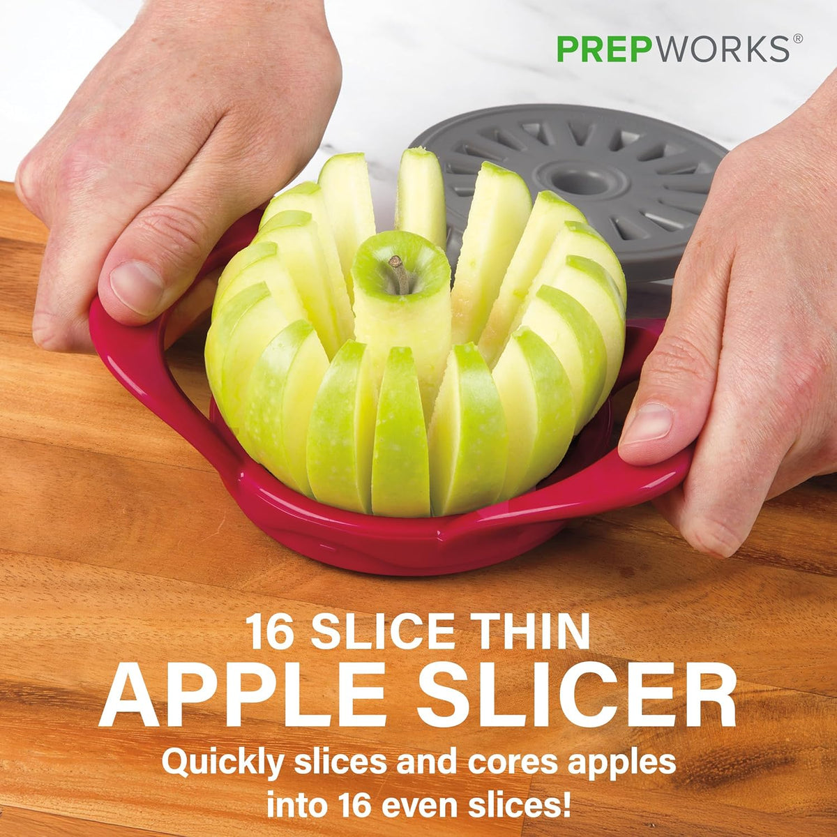 PrepWorks Apple Slicer and Corer, Attached Safety Cover, Cuts 16 Thin Apple Slices, Red | Quickly Slices and Cores Apples Into 16 Even Slices, Stainless Steel Blades, Dishwasher Safe