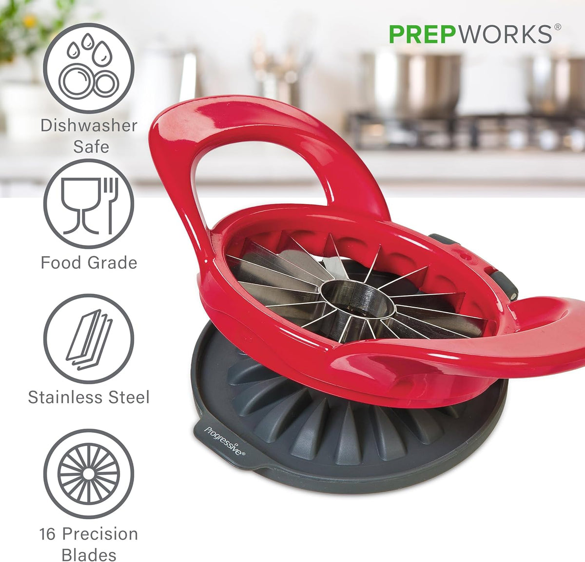 PrepWorks Apple Slicer and Corer, Attached Safety Cover, Cuts 16 Thin Apple Slices, Red | Quickly Slices and Cores Apples Into 16 Even Slices, Stainless Steel Blades, Dishwasher Safe
