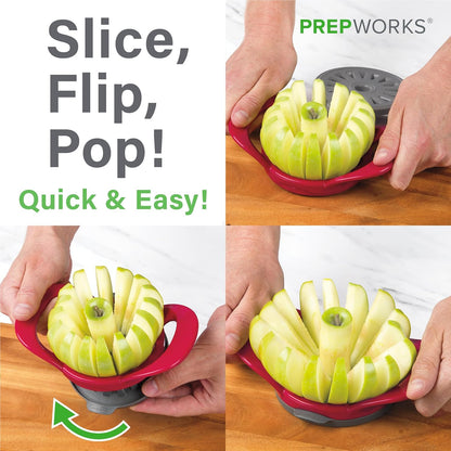 PrepWorks Apple Slicer and Corer, Attached Safety Cover, Cuts 16 Thin Apple Slices, Red | Quickly Slices and Cores Apples Into 16 Even Slices, Stainless Steel Blades, Dishwasher Safe