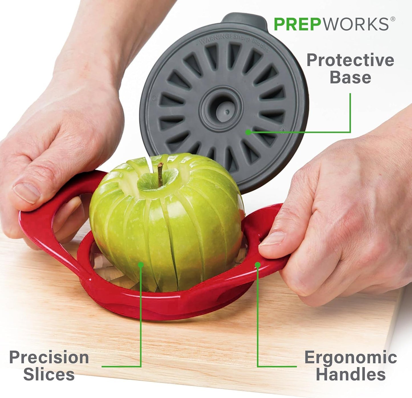 PrepWorks Apple Slicer and Corer, Attached Safety Cover, Cuts 16 Thin Apple Slices, Red | Quickly Slices and Cores Apples Into 16 Even Slices, Stainless Steel Blades, Dishwasher Safe