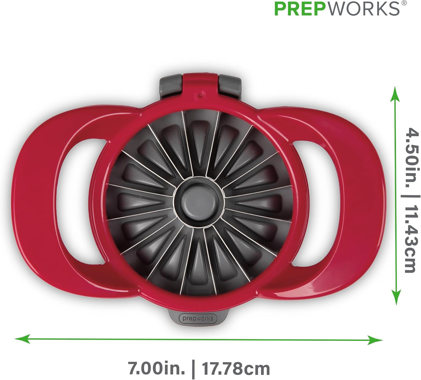 PrepWorks Apple Slicer and Corer, Attached Safety Cover, Cuts 16 Thin Apple Slices, Red | Quickly Slices and Cores Apples Into 16 Even Slices, Stainless Steel Blades, Dishwasher Safe
