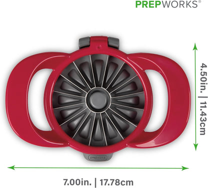 PrepWorks Apple Slicer and Corer, Attached Safety Cover, Cuts 16 Thin Apple Slices, Red | Quickly Slices and Cores Apples Into 16 Even Slices, Stainless Steel Blades, Dishwasher Safe