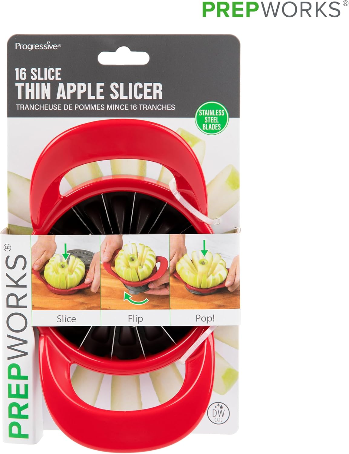 PrepWorks Apple Slicer and Corer, Attached Safety Cover, Cuts 16 Thin Apple Slices, Red | Quickly Slices and Cores Apples Into 16 Even Slices, Stainless Steel Blades, Dishwasher Safe