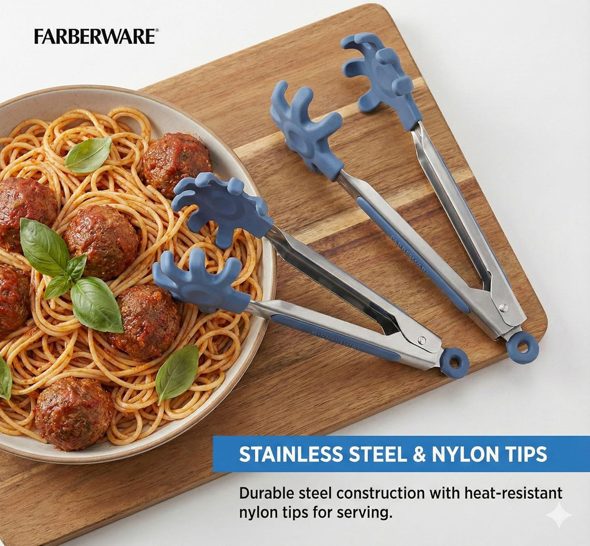 Pro 2-Piece Nylon Tip Kitchen Tongs Set, 7 Inch Mini Tongs with Soft Flex Grip Handle and Locking Closure, Dishwasher Safe, Blue and Gray