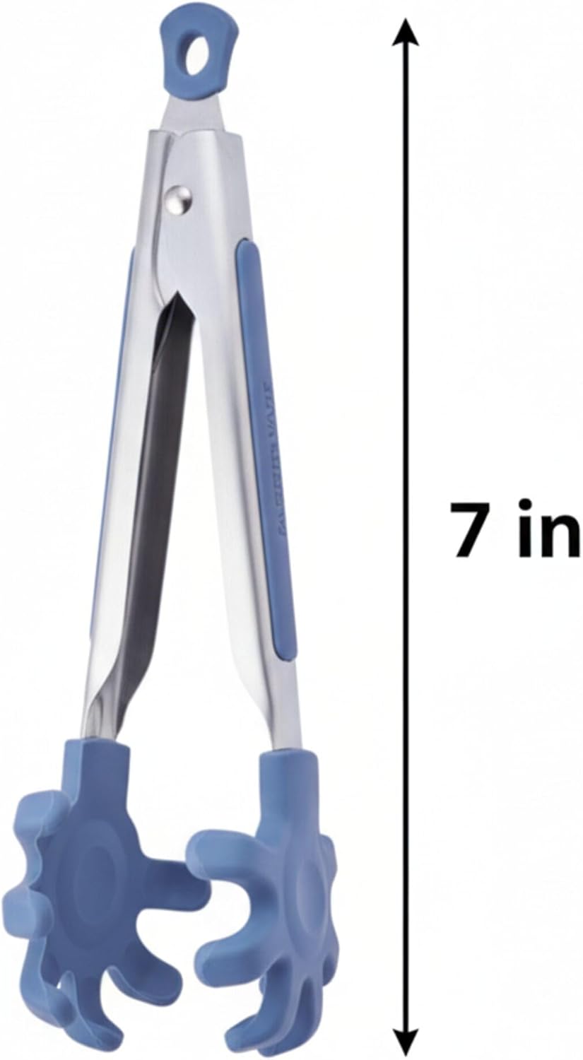 Pro 2-Piece Nylon Tip Kitchen Tongs Set, 7 Inch Mini Tongs with Soft Flex Grip Handle and Locking Closure, Dishwasher Safe, Blue and Gray